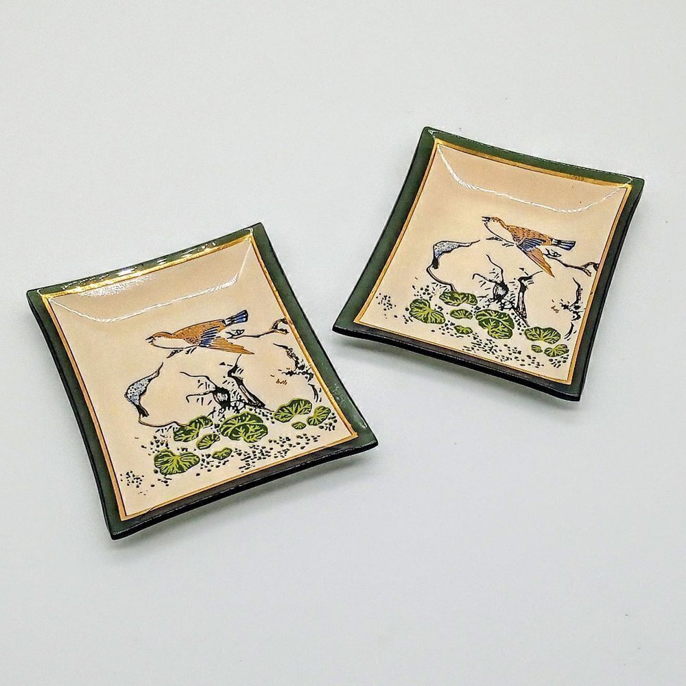 Japanese Engraved Birds Glass Trinket Dishes (2)